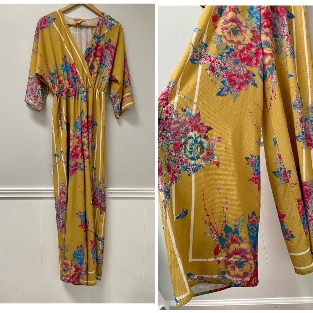 Flying Tomato Mustard Yellow Floral Maxi Romper Jumpsuit Wide Leg Kimono Sleeves